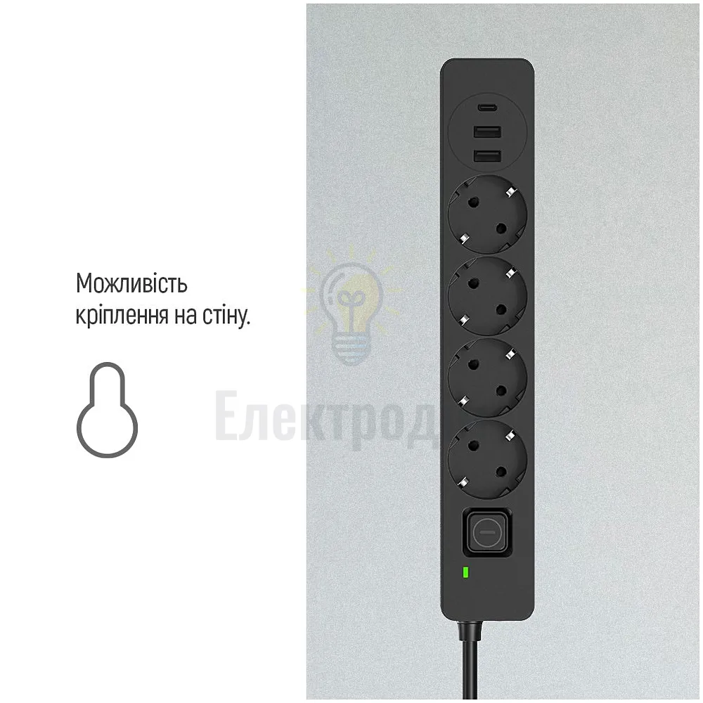 Подовжувач ColorWay Фільтр мережевий 4 розетки/2USB-A/1Type-C 2м чорний CW-CHE432PDB ColorWay CW-CHE432PDB  - фото 6