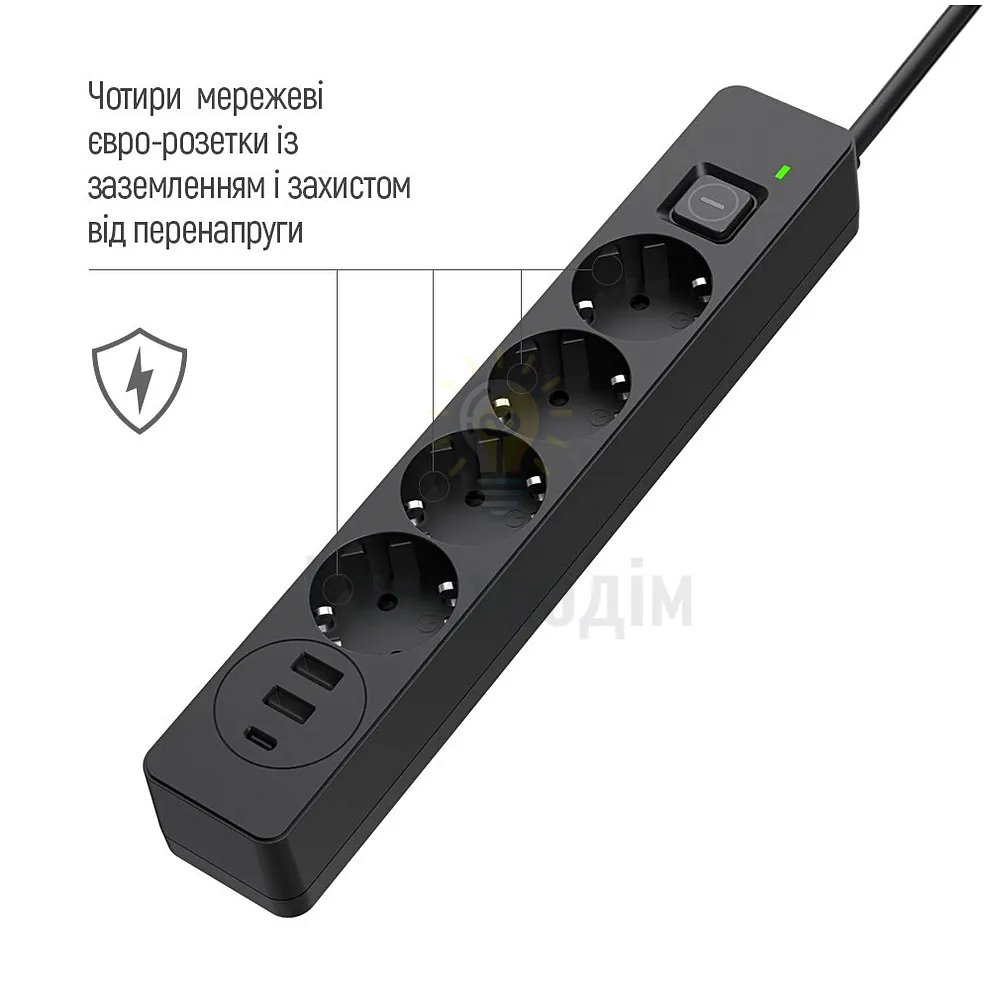 Подовжувач ColorWay Фільтр мережевий 4 розетки/2USB-A/1Type-C 5м чорний CW-CHE435PDB ColorWay CW-CHE435PDB  - фото 5