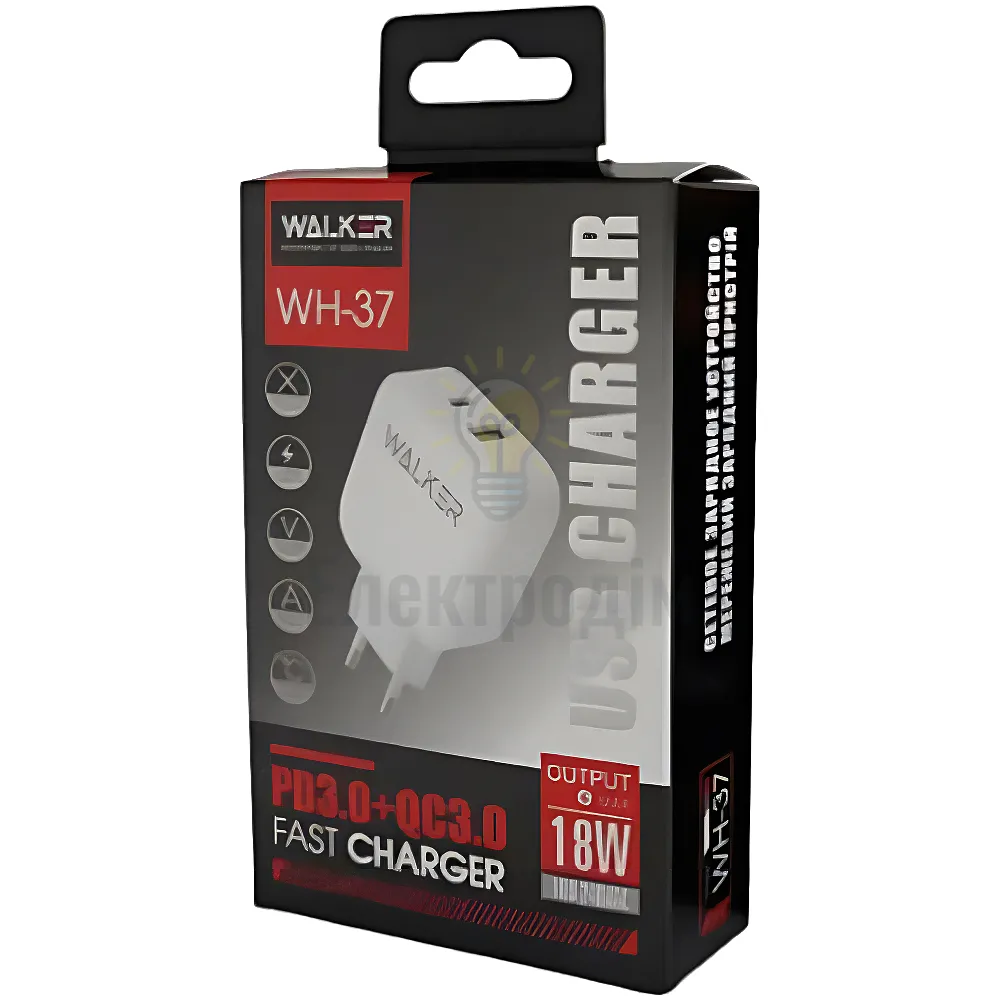 Зарядний пристрій мережевий USB/Type-C QC+PD 18W білий WALKER WH-37 941 