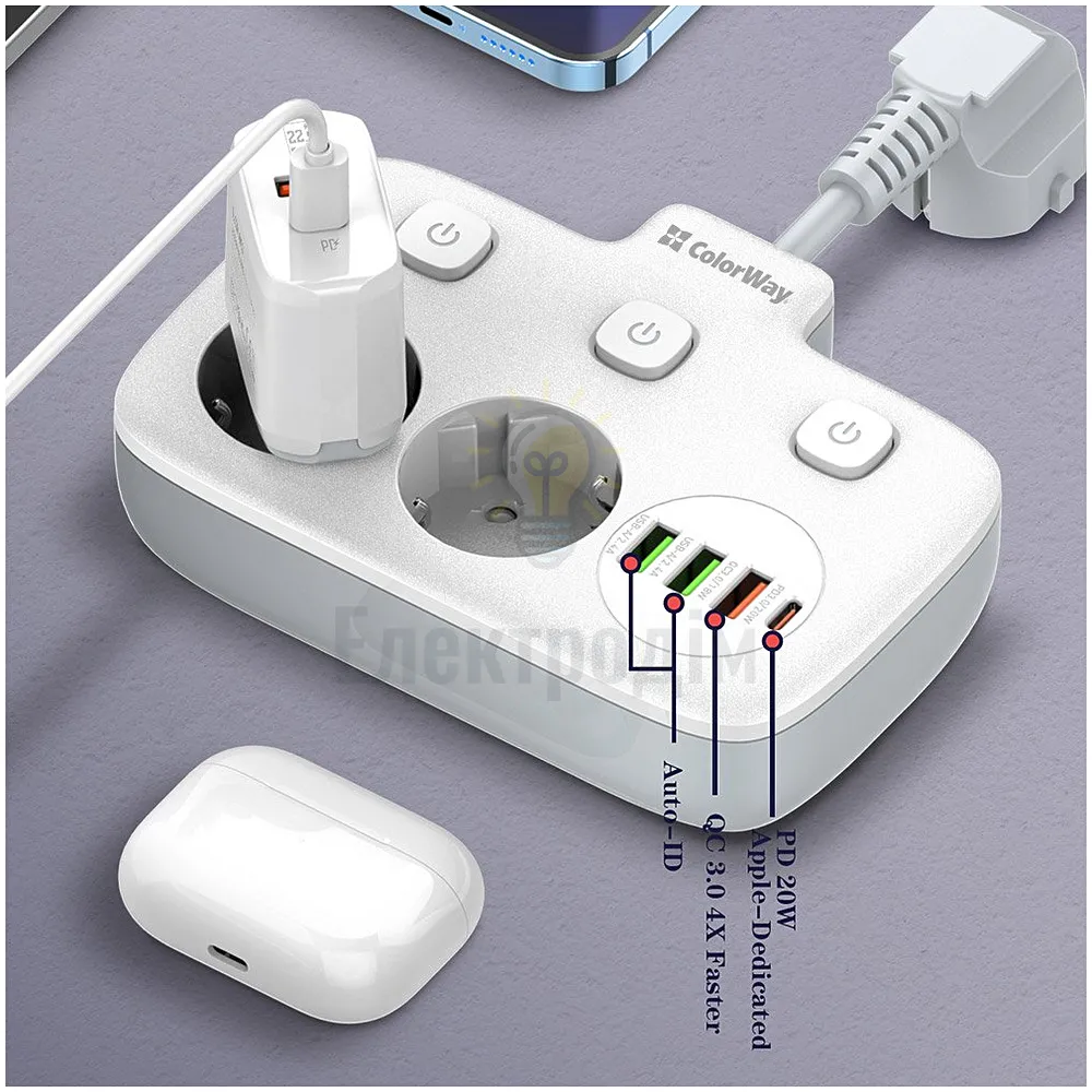 Подовжувач ColorWay Фільтр мережевий 2 розетки/3USB-A/1Type-C CW-CHE24PDW ColorWay CW-CHE24PDW  - фото 15