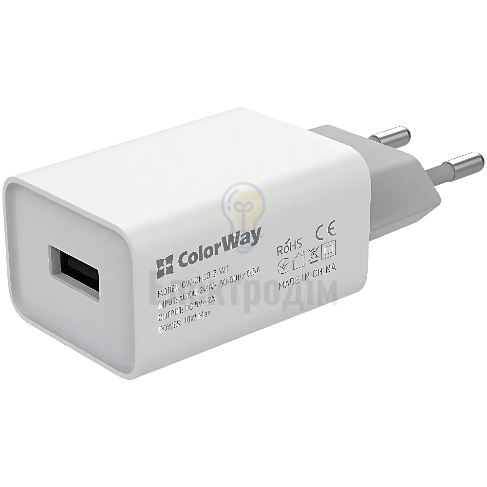 Зарядний пристрій мережевий USB 2,0A 10W білий ColorWay CW-CHS012-WT CW-CHS012-WT  - фото 1