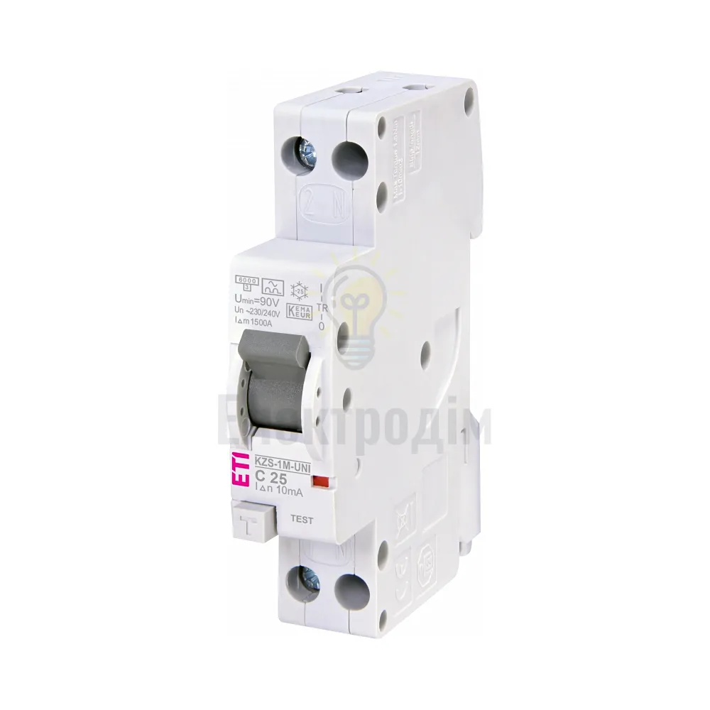 Диф. автоматичний вимикач KZS-1M UNI C 25/0,01 тип A (6kA) (універс. підключення) 97663 