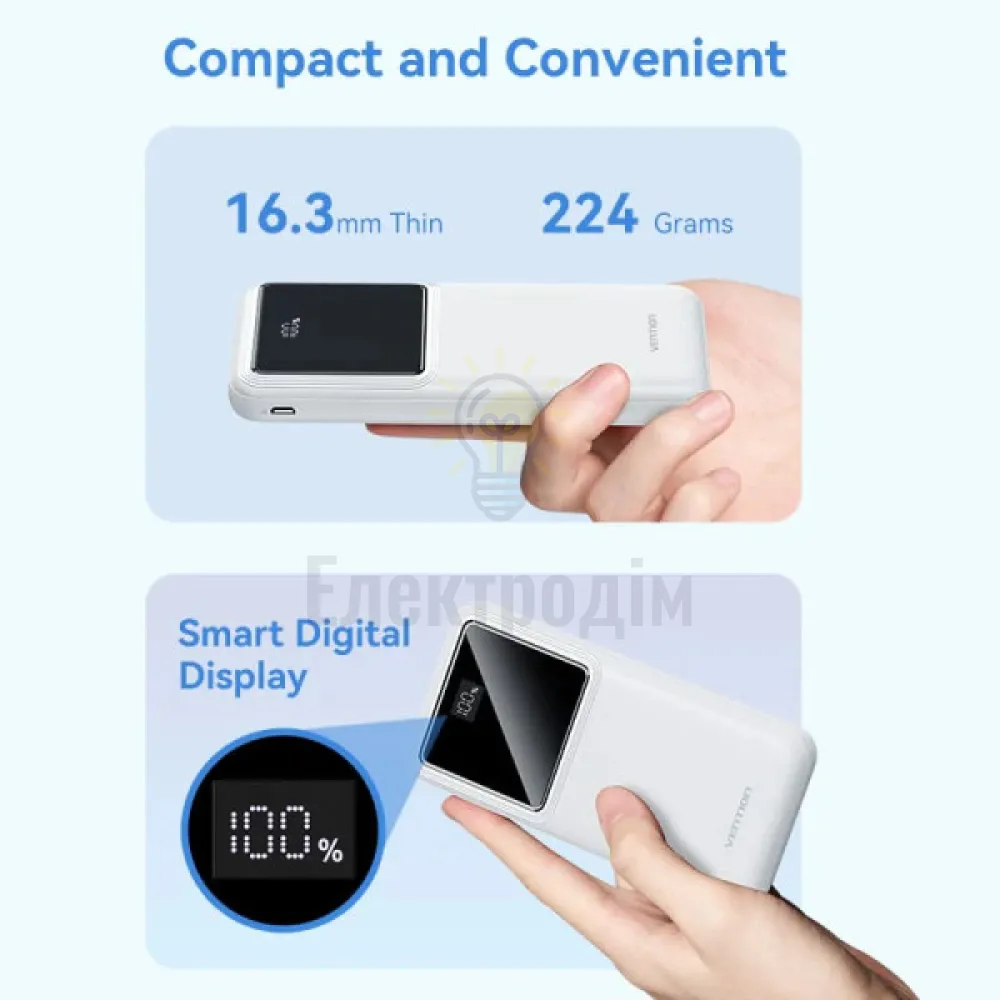 Зовнішній акумулятор Vention 10000mAh Power Bank (Micro-USB + USB-C + USB-A + USB-A) 22.5W White LED Display Type FHKW0  - фото 5