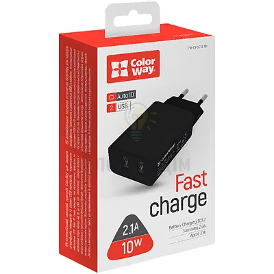 Зарядний пристрій мережевий 2 USB 2,1A QC 10W чорний ColorWay CW-CHS015-BK — купити в Електродім