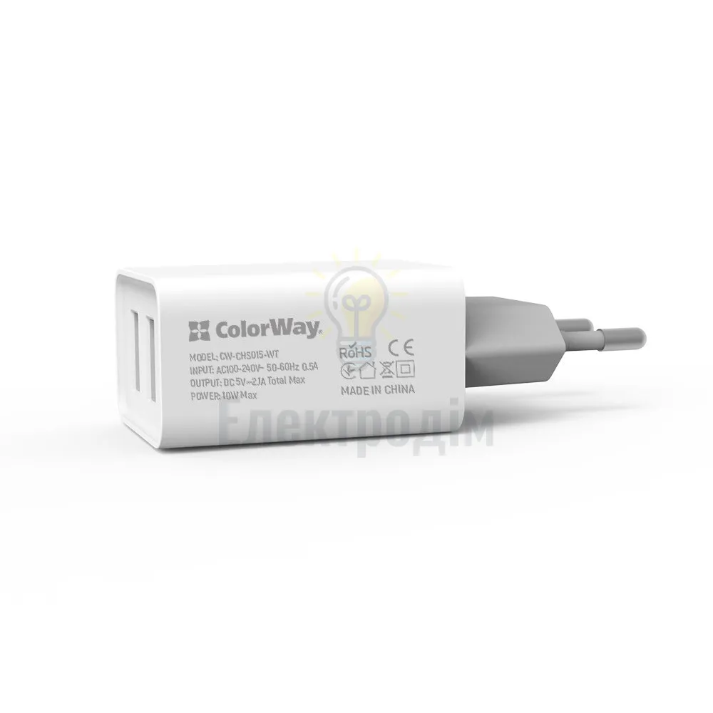 Зарядний пристрій мережевий 2USB 2,1А 10W білий ColorWay CW-CHS015-WT CW-CHS015-WT  - фото 2