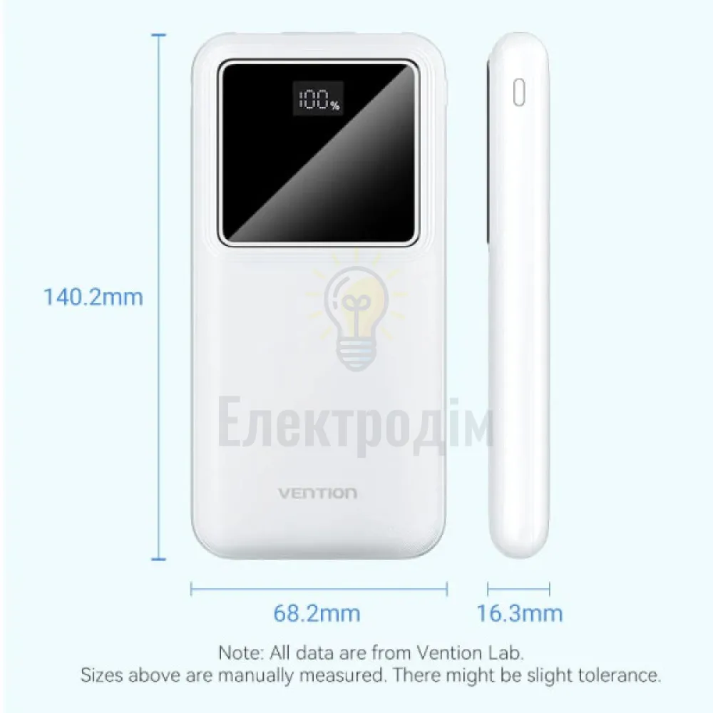 Зовнішній акумулятор Vention 10000mAh Power Bank (Micro-USB + USB-C + USB-A + USB-A) 22.5W White LED Display Type FHKW0  - фото 1