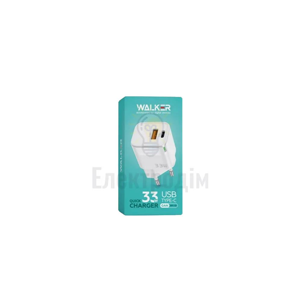 Зарядний пристрій мережевий USB/Type-C QC+PD 33W білий WALKER WH-43 2710000283362  - фото 1