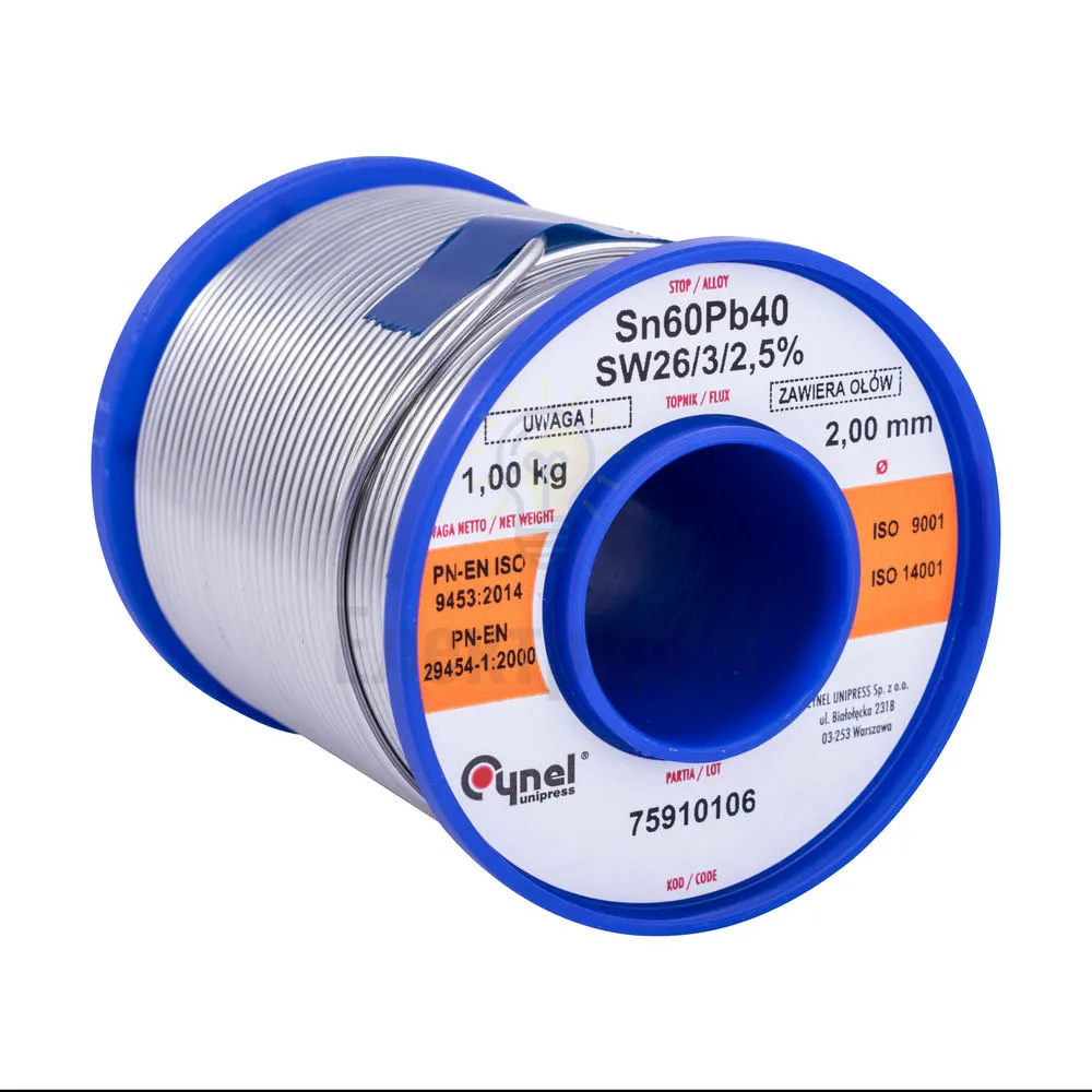 Дротяний припій, 2mm, 1000g, з флюсом, свинцевий, CYNEL Sn60Pb40-SW26/2.5% Ø 2.0, 1kg 97945 