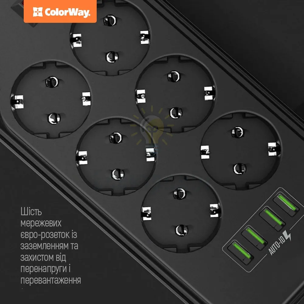 Подовжувач ColorWay Фільтр мережевий 6 розеток/4USB 2м чорний CW-CHE64B ColorWay CW-CHE64B  - фото 3