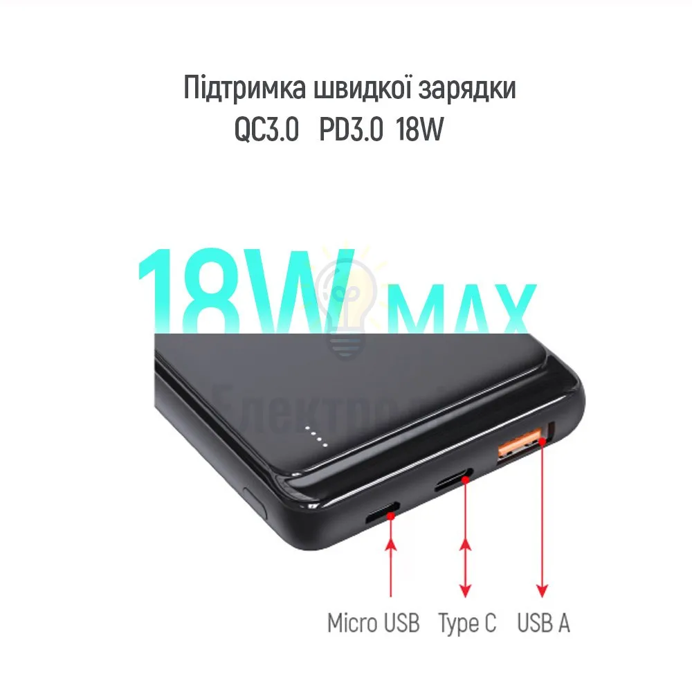 Павербанк УМБ ColorWay Power Bank 10 000 mAh Slim (USB QC3.0 + USB-C Power Delivery 18W) Black CW-PB100LPG3BK-PD)  - фото 1