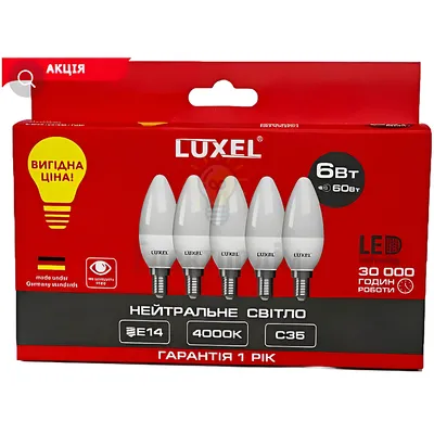 LUXEL Лампа LED C35 6w E14 4000K 045-NE *5 — купити в Електродім