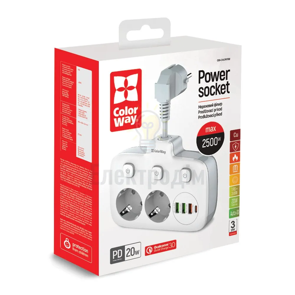 Подовжувач ColorWay Фільтр мережевий 2 розетки/3USB-A/1Type-C CW-CHE24PDW ColorWay CW-CHE24PDW 