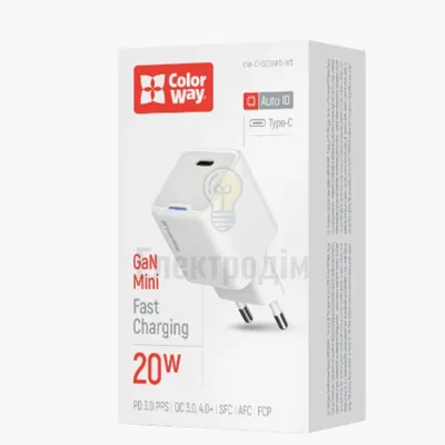 Зарядний пристрій мережевий Type-C PD Port PPS 20W білий GaN Mini ColorWay CW-CHS059PD-WT CW-CHS059PD-WT — купити в Електродім
