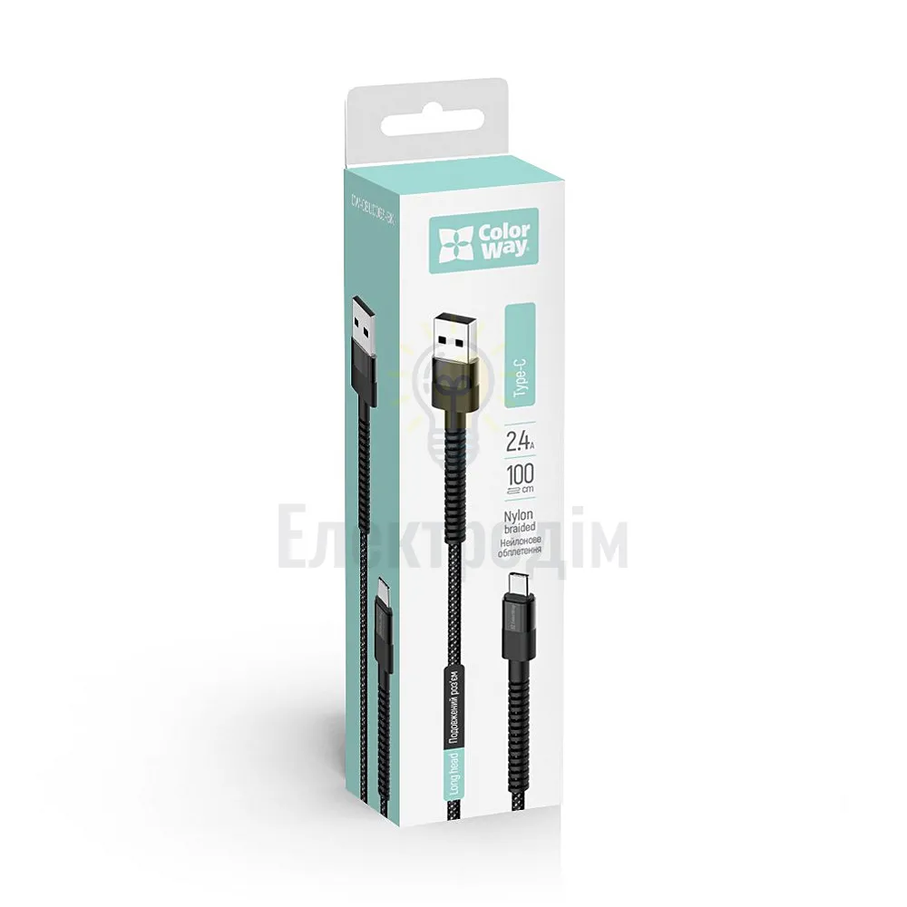 Кабель Colorway USB - Type-C (nylon - long head) 2.4А 1м чорний CW-CBUC063-BK  - фото 1