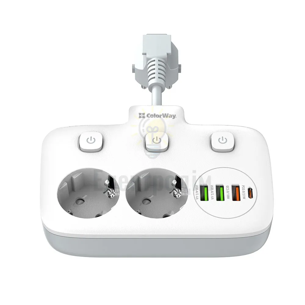 Подовжувач ColorWay Фільтр мережевий 2 розетки/3USB-A/1Type-C CW-CHE24PDW ColorWay CW-CHE24PDW  - фото 5