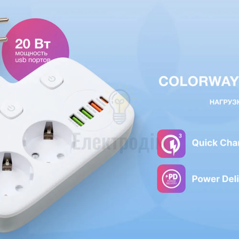 Подовжувач ColorWay Фільтр мережевий 2 розетки/3USB-A/1Type-C CW-CHE24PDW ColorWay CW-CHE24PDW  - фото 10
