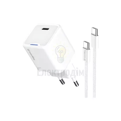 Зарядний пристрій мережевий Type-C + кабель Type-C PD 30W білий GaN Mini ColorWay CW-CHS054PDC-WT — купити в Електродім