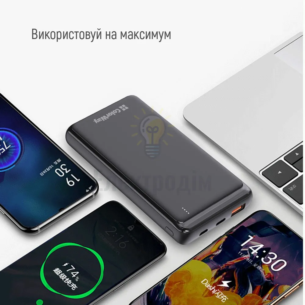Павербанк УМБ ColorWay Power Bank 10 000 mAh Slim (USB QC3.0 + USB-C Power Delivery 18W) Black CW-PB100LPG3BK-PD)  - фото 3