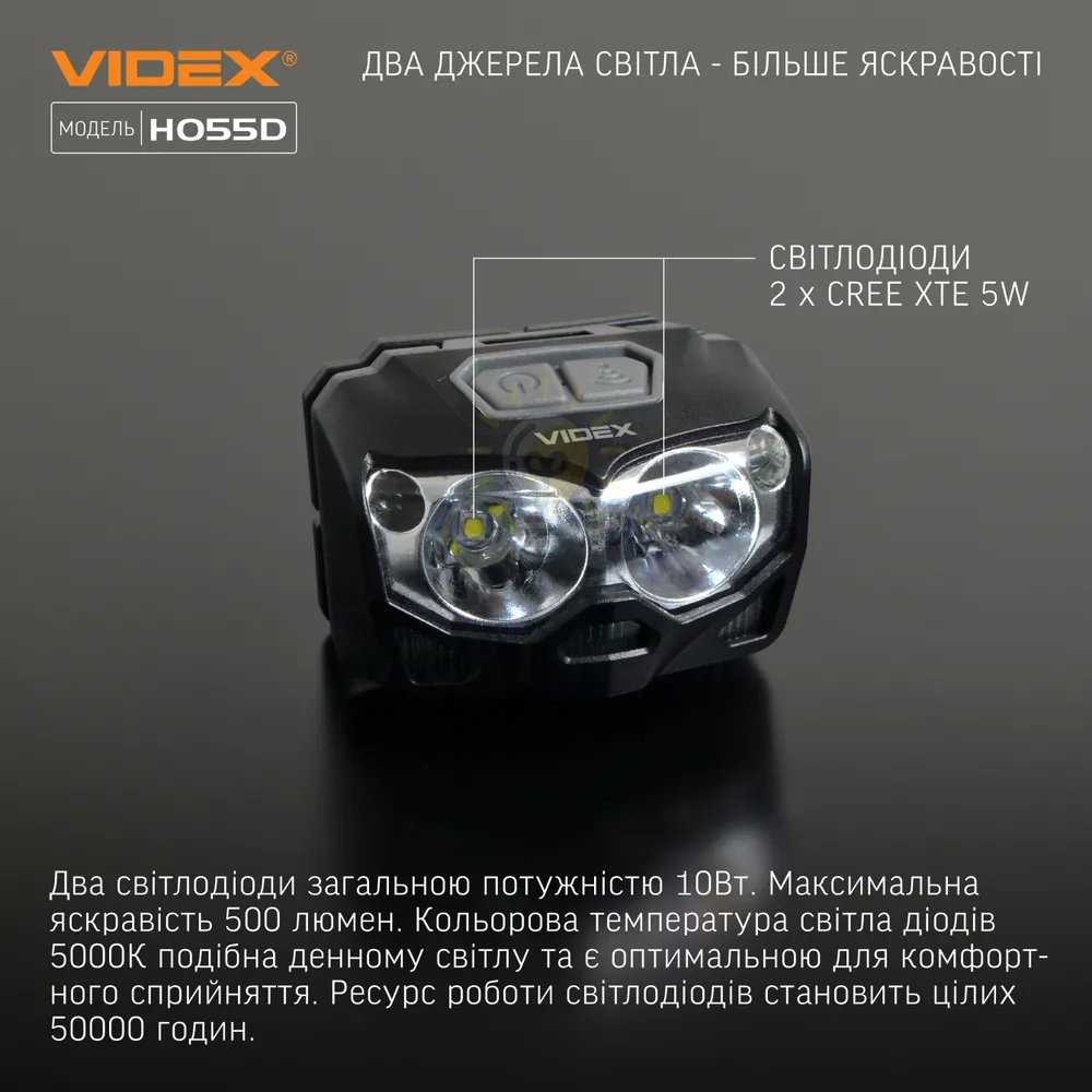 Налобний світлодіодний ліхтарик VIDEX 500Lm 5000K VLF-H055D  - фото 2