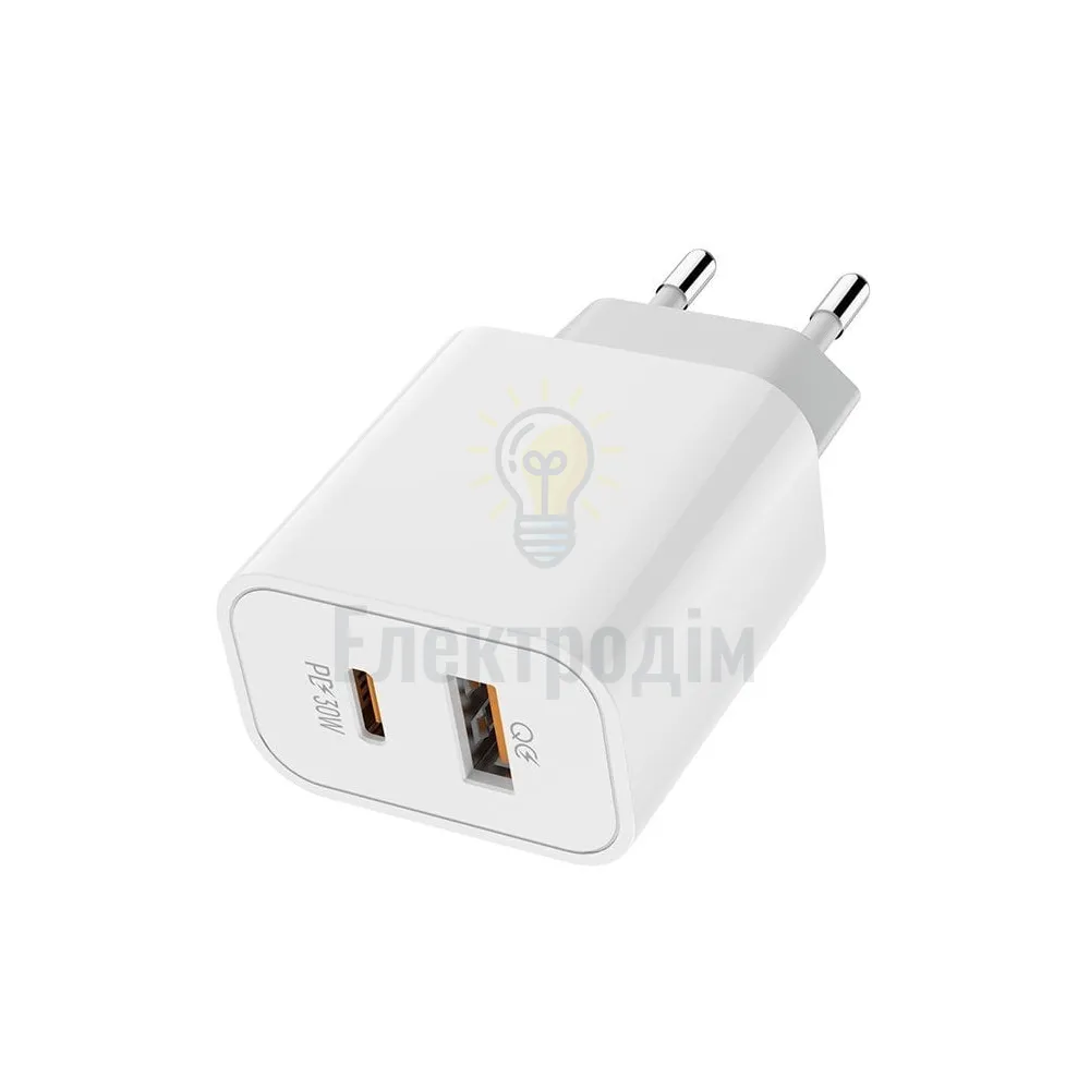 Зарядний пристрій мережевий USB/Type-C 3,0A QC+PD 30W білий ColorWay CW-CHS037PD-WT 
