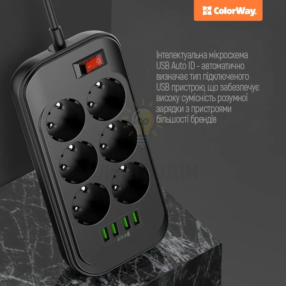 Подовжувач ColorWay Фільтр мережевий 6 розеток/4USB 2м чорний CW-CHE64B ColorWay CW-CHE64B  - фото 4