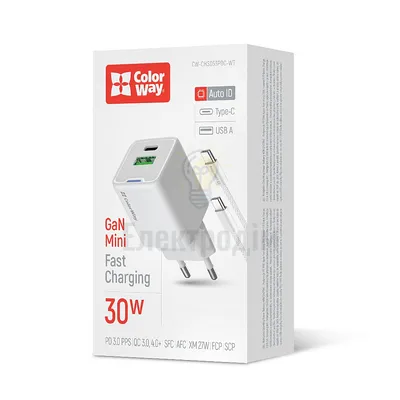 Мережевий зарядний пристрій ColorWay GaN Mini 30W PD Port PPS USB (Type-C PD + USB QC4.0) cable Type-C CW-CHS053PDC-WT — купити в Електродім