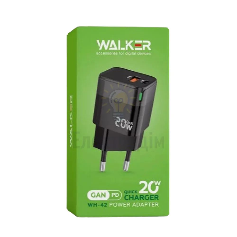 Зарядний пристрій мережевий USB/Type-C QC+PD 20W чорний WALKER WH-42 2710000283317  - фото 1