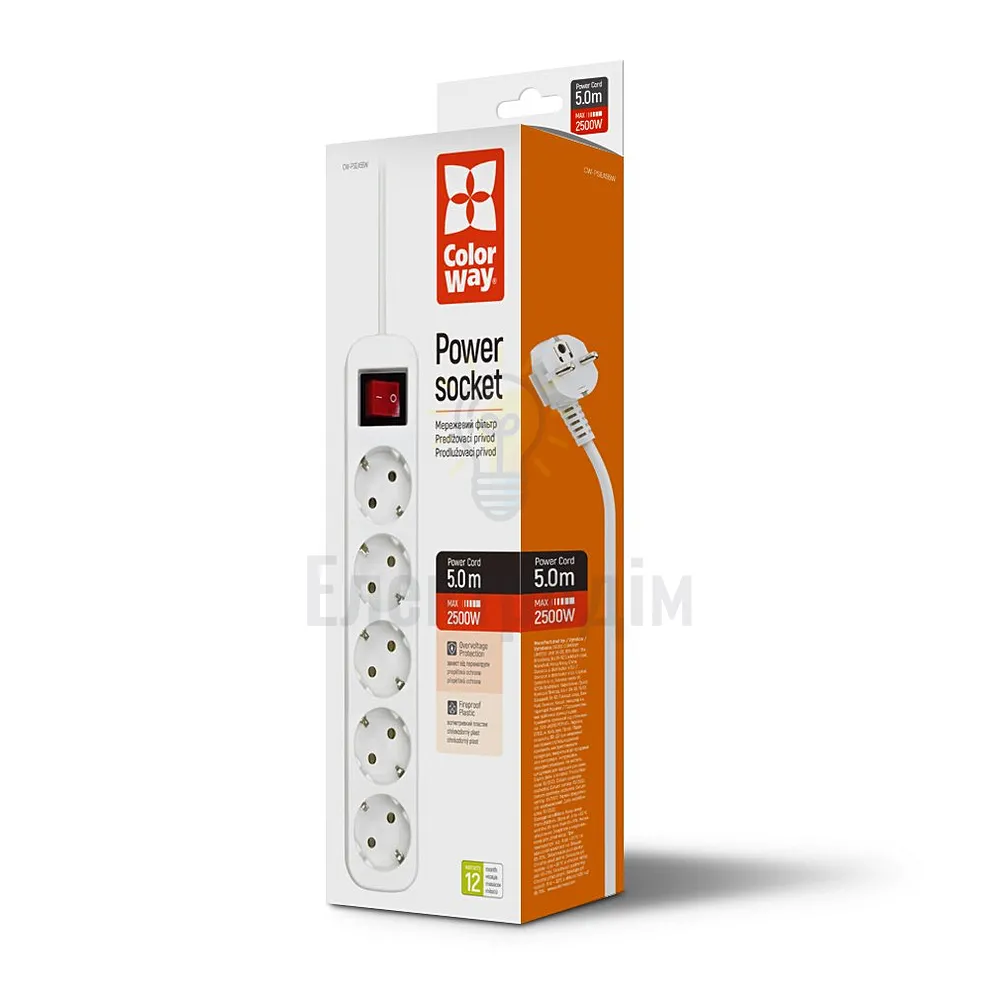 Подовжувач ColorWay Фільтр мережевий 5 розеток 5м білий CW-PSEA55W ColorWay CW-PSEA55W 