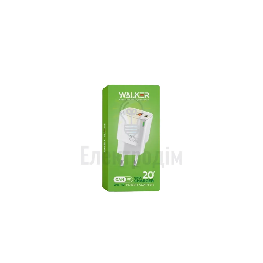Зарядний пристрій мережевий USB/Type-C QC+PD 20W білий WALKER WH-42 2710000283355  - фото 1