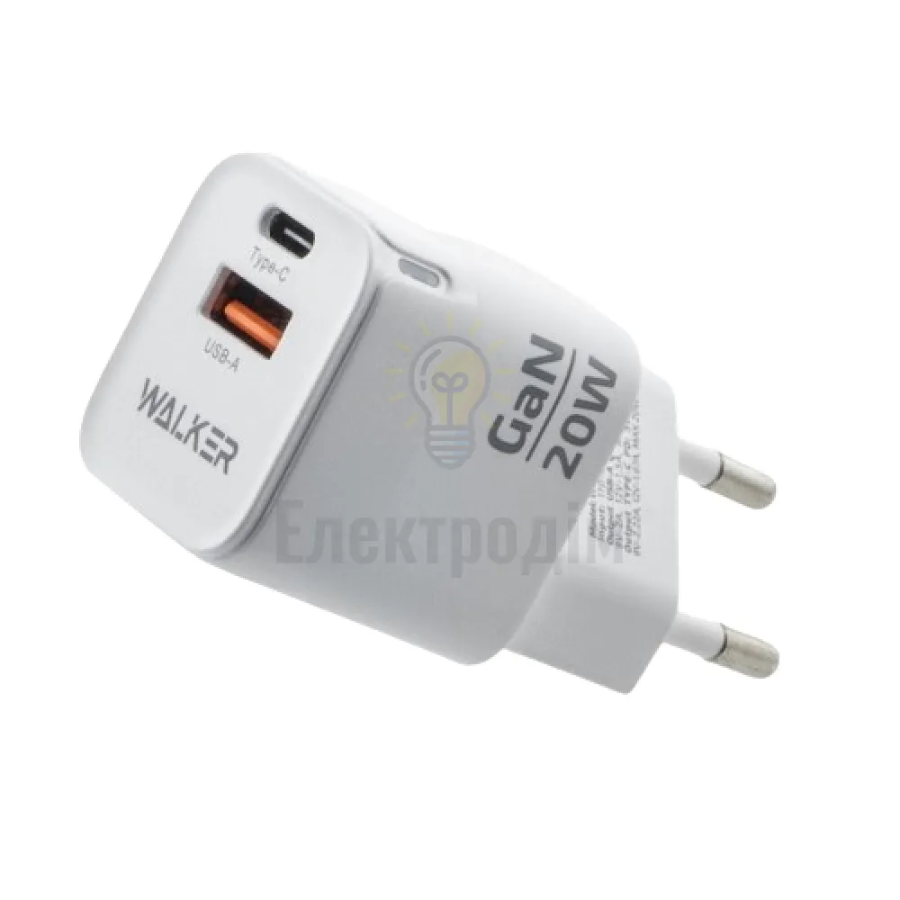 Зарядний пристрій мережевий USB/Type-C QC+PD 20W білий WALKER WH-42 2710000283355  - фото 2
