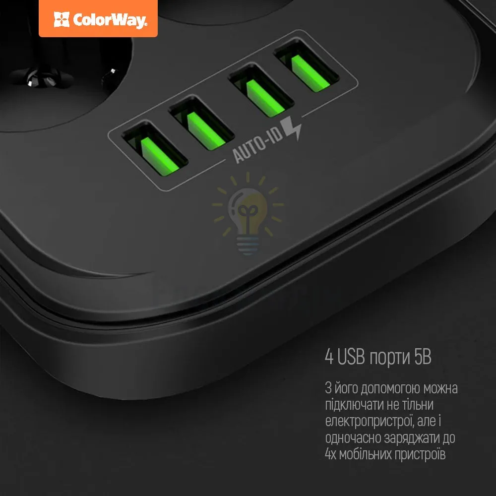 Подовжувач ColorWay Фільтр мережевий 6 розеток/4USB 2м чорний CW-CHE64B ColorWay CW-CHE64B  - фото 2