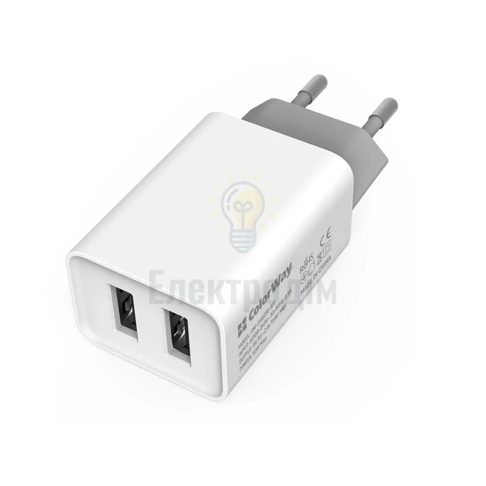 Зарядний пристрій мережевий 2USB 2,1А 10W білий ColorWay CW-CHS015-WT CW-CHS015-WT  - фото 1