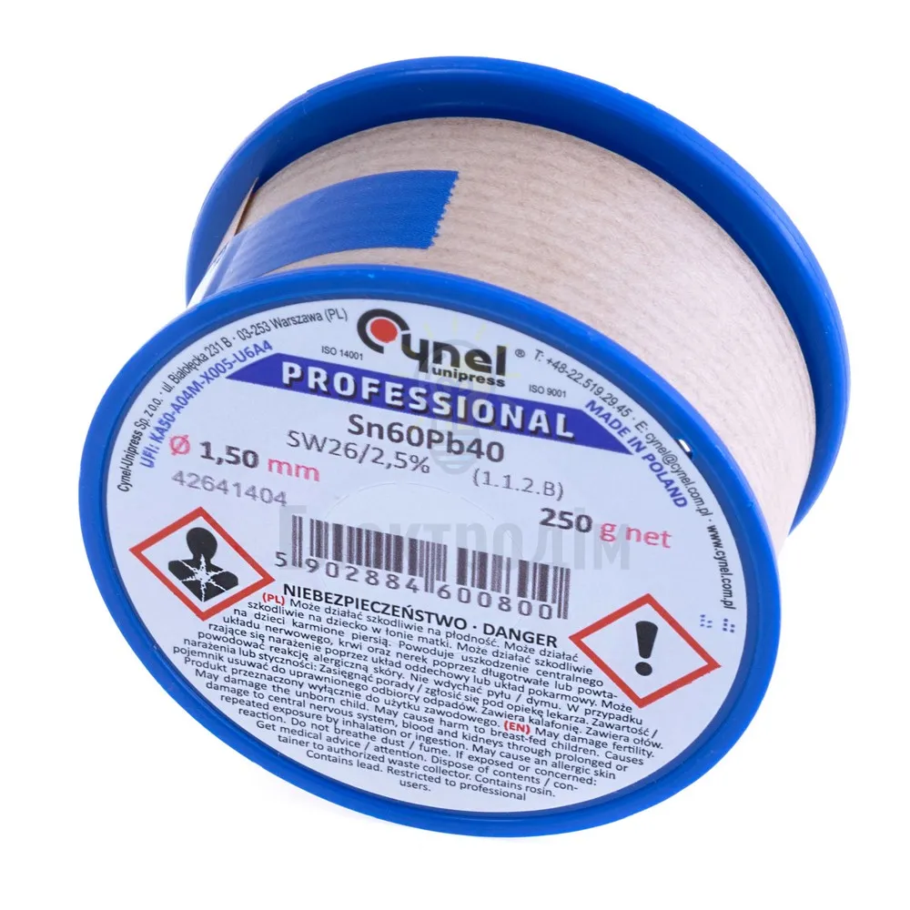 Дротяний припій, 1,5mm, 250g, з флюсом, свинцевий, CYNEL Sn60Pb40-SW26/2.5% Ø1.5, 250g 97944 