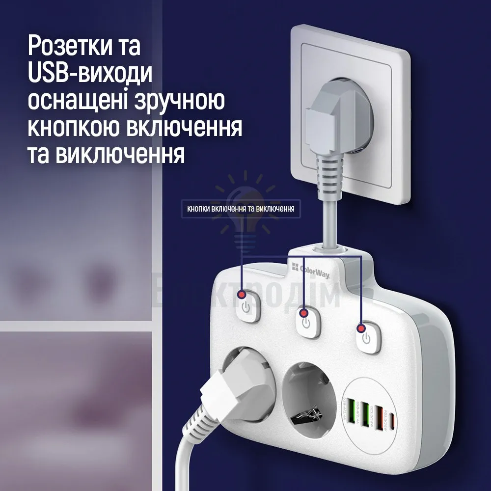Подовжувач ColorWay Фільтр мережевий 2 розетки/3USB-A/1Type-C CW-CHE24PDW ColorWay CW-CHE24PDW  - фото 9