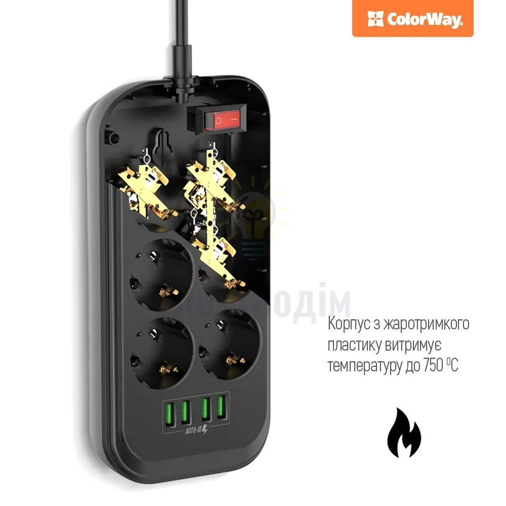 Подовжувач ColorWay Фільтр мережевий 6 розеток/4USB 2м чорний CW-CHE64B ColorWay CW-CHE64B  - фото 6