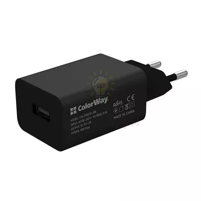 Зарядний пристрій мережевий USB + кабель Lightning 2,0A 10W чорний ColorWay CW-CHS012CL-BK — купити в Електродім