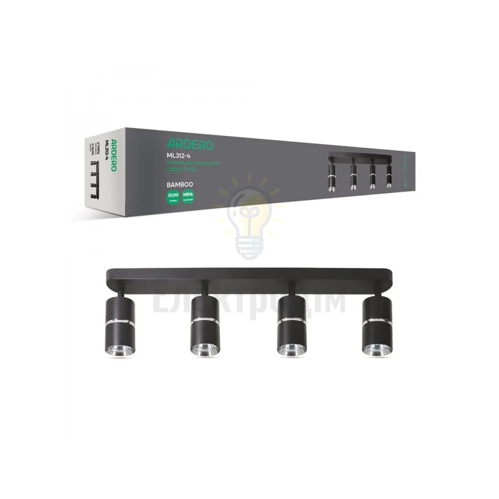 ML312-4 MR16/GU10, чорний+хром, четверний, поворотний, 4 x Ф55*100мм BAMBOO 80236 