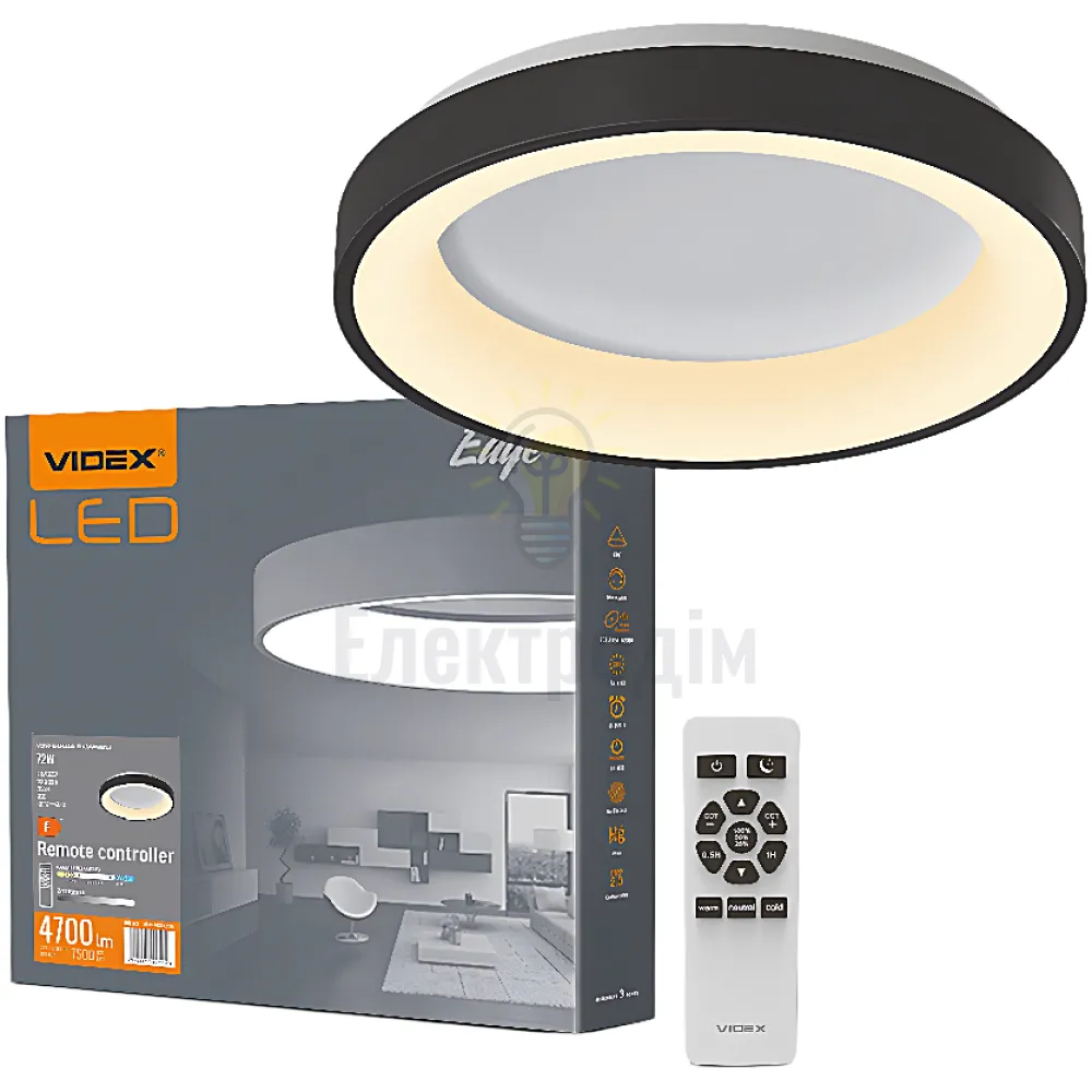 LED світильник настінно-стельовий 72W 2700-6000K 220V кільцевий Videx VLE-ERC-72B 