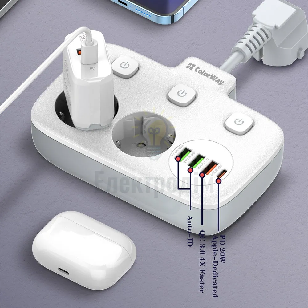 Подовжувач ColorWay Фільтр мережевий 2 розетки/3USB-A/1Type-C CW-CHE24PDW ColorWay CW-CHE24PDW  - фото 15
