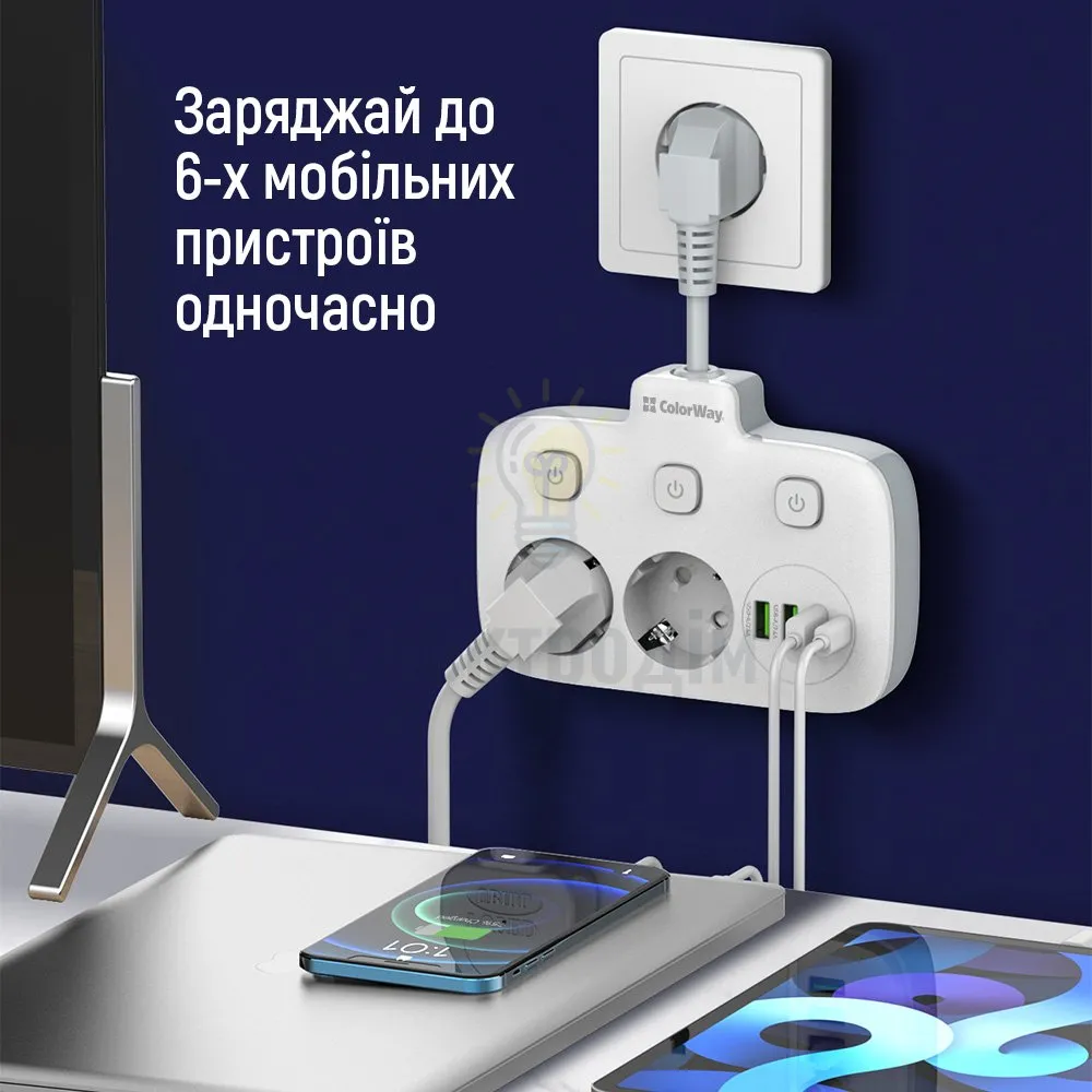 Подовжувач ColorWay Фільтр мережевий 2 розетки/3USB-A/1Type-C CW-CHE24PDW ColorWay CW-CHE24PDW  - фото 7