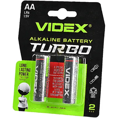 Батарейка Videx Батарейка лужна AA/LR6 (бл-2шт) Videx Turbo LR6T/AA 2B — купити в Електродім