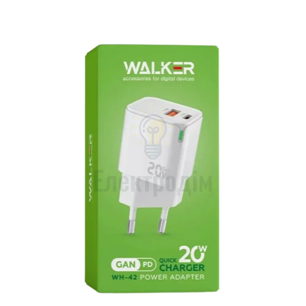 Зарядний пристрій мережевий USB/Type-C QC+PD 20W білий WALKER WH-42 2710000283355  - фото 1